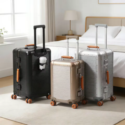 Aluminum Frame PC Luggage 20/24/28 Inch 3:7 Large Capacity Suitcase Silent Jelly Wheels TSA Lock Travel Bag Cup Holder and Hook